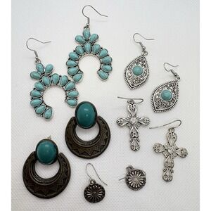 Boho‎ Western Turquoise & Silver Tone Earring Lot 5 Pairs Festival Southwest